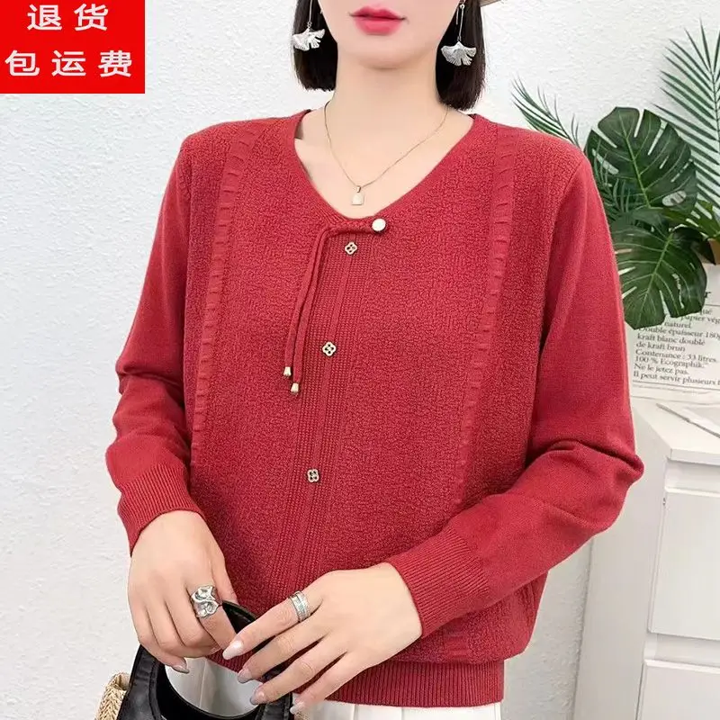 Bottoni con scollo a V impiombati di nuovo stile da donna autunnale Top con base allentata in maglione lavorato a maglia a maniche lunghe tinta unita alla moda