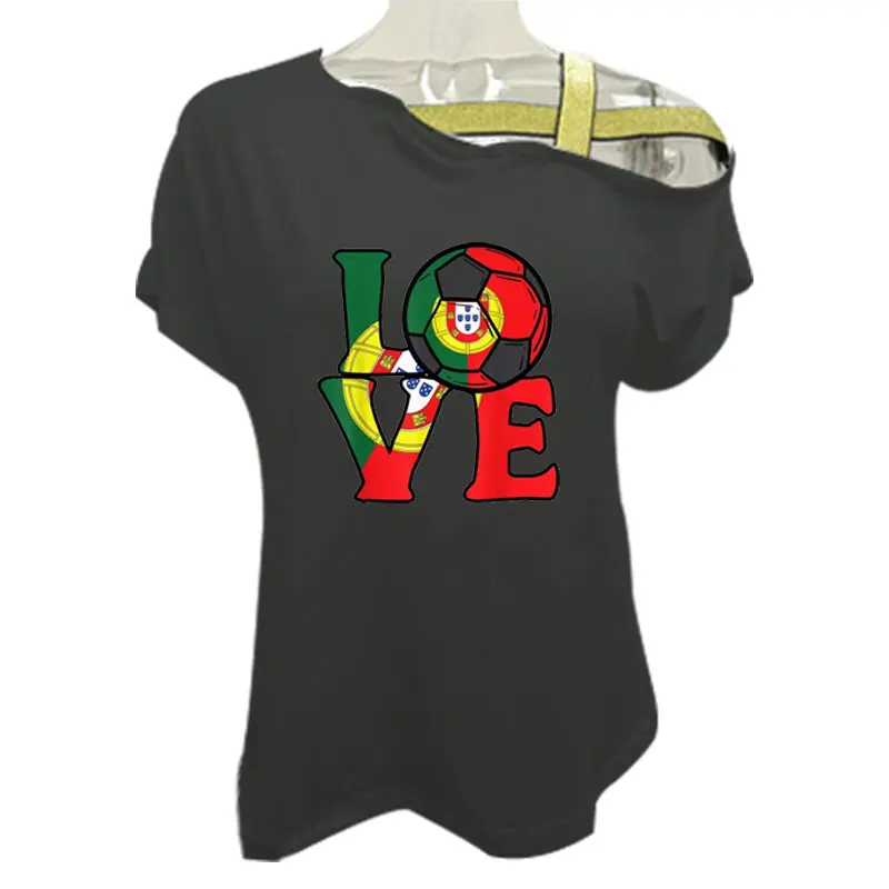 Women Loose Slash Neck T Shirt Portugal Flag Tee Football Soccer Flag T-shirt Summer Casual Irregular Skew Cross Bandage Tops