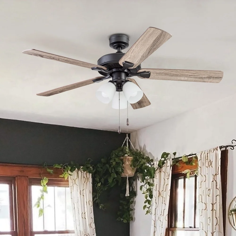 52 Inch Rustic Ceiling Fan with Frosted Glass Light Kit Reversible Motor Pull Chains Dual Finish Blades Large Rooms
