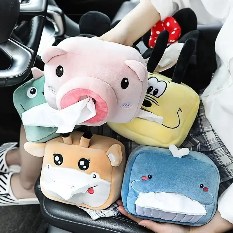 New Cute Cartoon Car Tissue Box Plush Napkin Holder Universal Auto Home Room Paper Case Animal Decoration Bracket Accessories