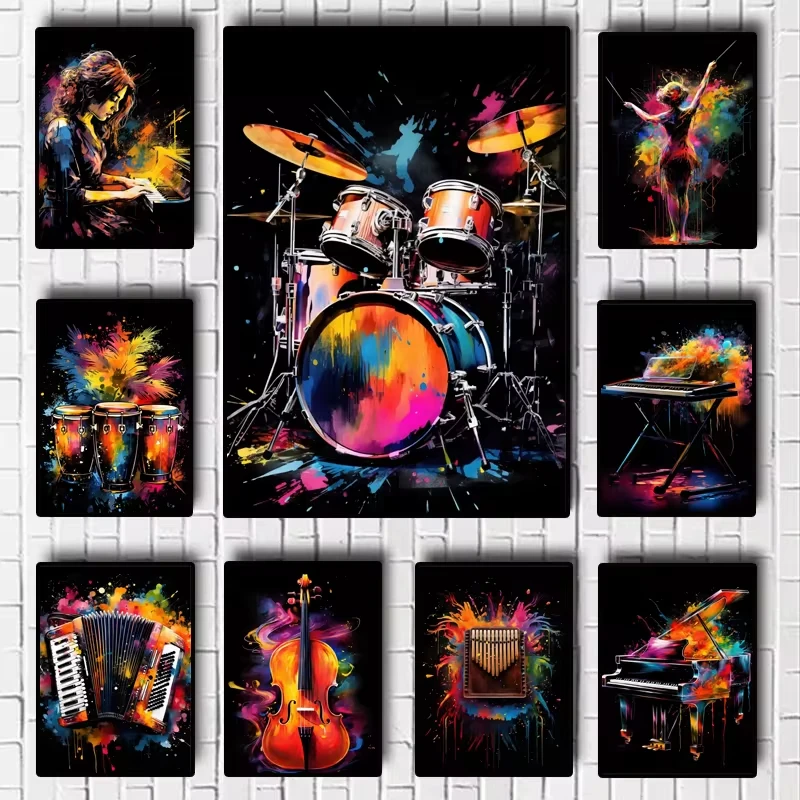 Póster fotográfico de instrumentos musicales, estantes para guitarra, tambor, saxofón, impresión en lienzo para decoración de pared de habitación del hogar, pintura colgante