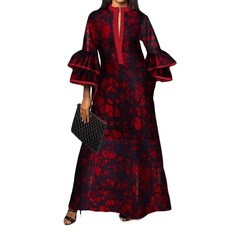 

!Sale!! New African Print Long Dresses for Women Bazin Riche 100% Cotton Ruffles Sleeve Dresses Vestidos African Design Clothing