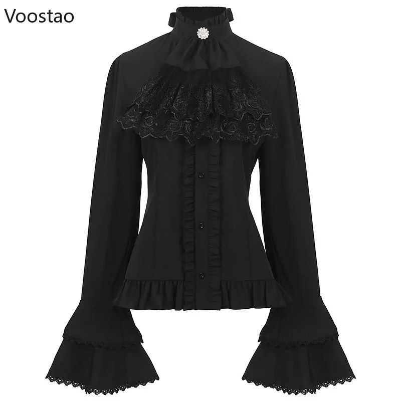 Victorian Gothic Lolita Shirts Women Medieval Vintage Elegant Flare Sleeve Blouses Female Sweet Y2k Lace Ruffles Princess Shirts