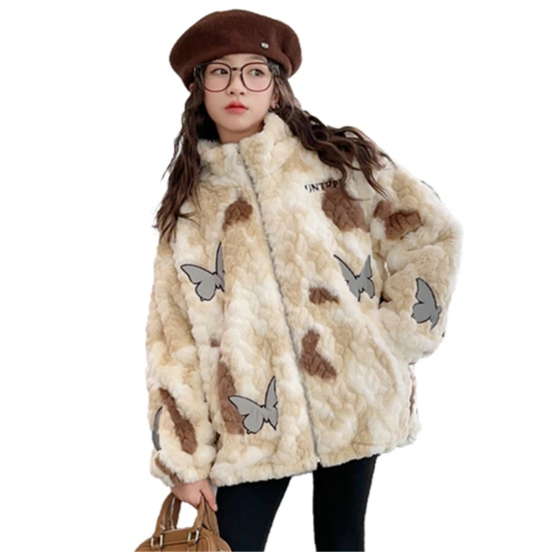 Fashion Female Child Clothes Wool Outerwear and Coats Winter Girl Clothing Butterfly Pattern Warm Thick Rabbit Fur Jacket Outfit