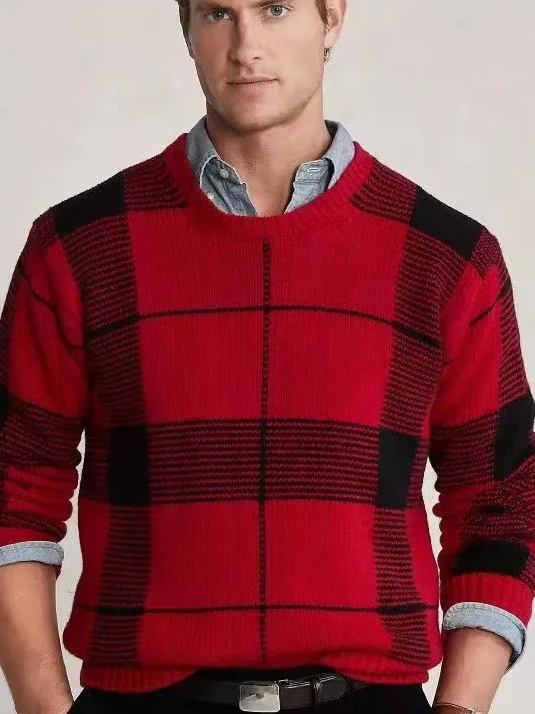 

Красный клетчатый свитер с круглым вырезом для мужчин, из чистого хлопка, вязаный, винтажный, в американском стиле, для зимы, повседневная и деловая одежда