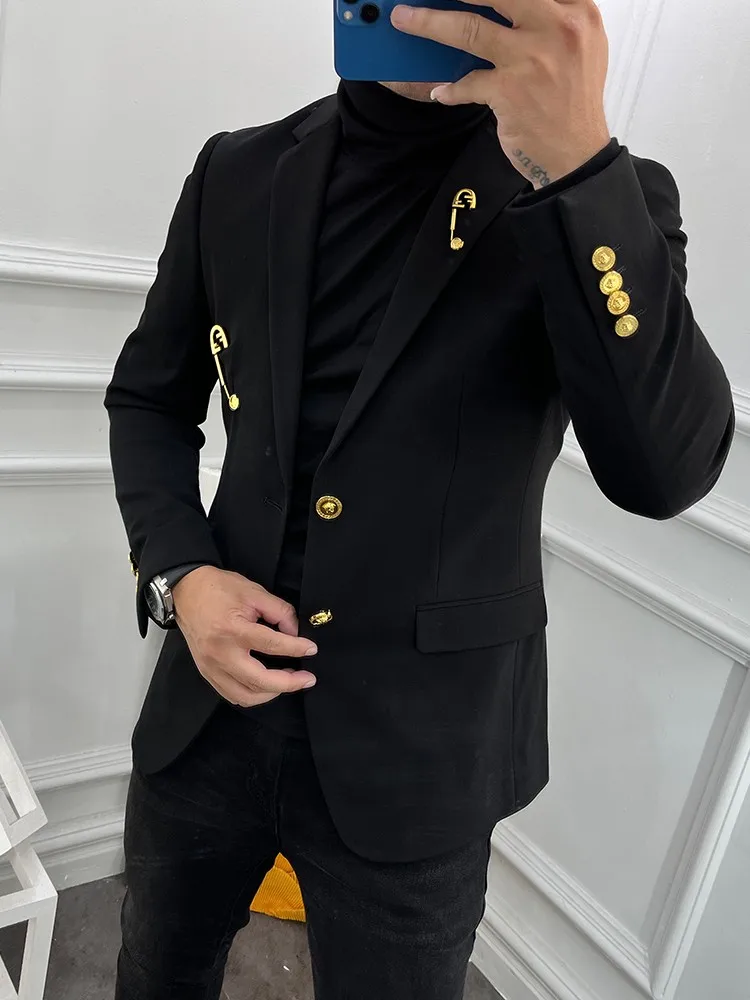 Chaqueta negra informal de negocios para hombre, Blazer ajustado de diseñador de un solo pecho, moda de lujo, primavera, novedad