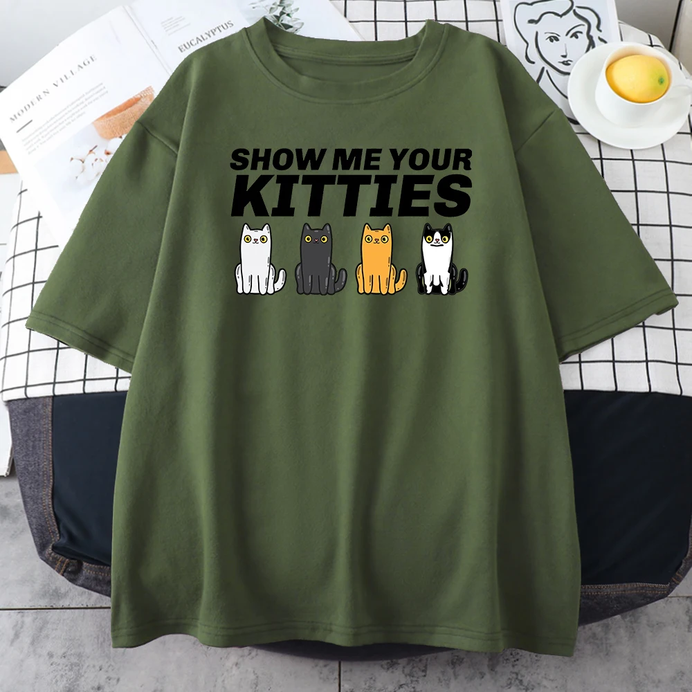 Show Me Your Kitties Printed T-Shirts Women Loose Street Tops Aesthetic Crewneck Clothes Funny Regular Sleeve Women T-Shirts