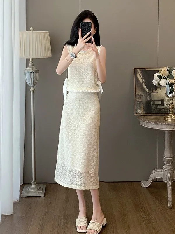 

Summer New Sweet Vacation Sleeveless Top Half Skirt Two Piece Set Women's Light Maturity Style Comfortable High Waist M...