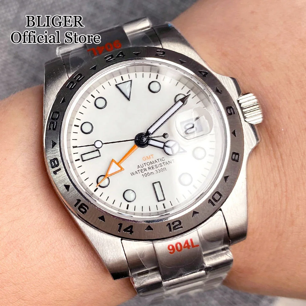 

BLIGER White Dial Luminous 39mm Automatic Mens Watch NH34 Movement GMT Brushed Steel Strap Sapphire Glass Screwdown Crown