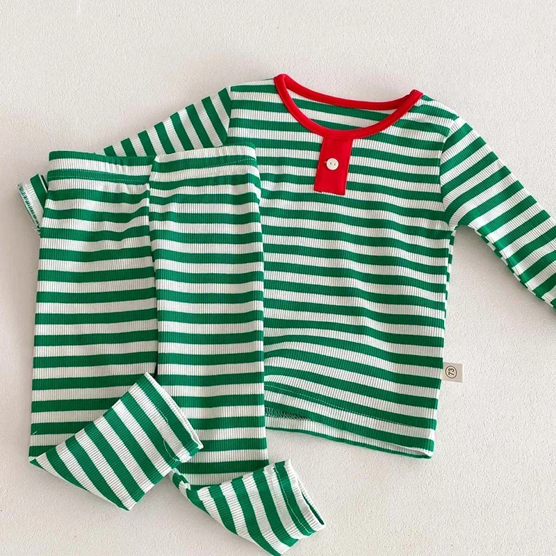 2024 New Year Clothing Suit Infant Baby Boys Girls Clothes Set Long Sleeved Cotton Striped T-shirt+Pants Christmas Costume