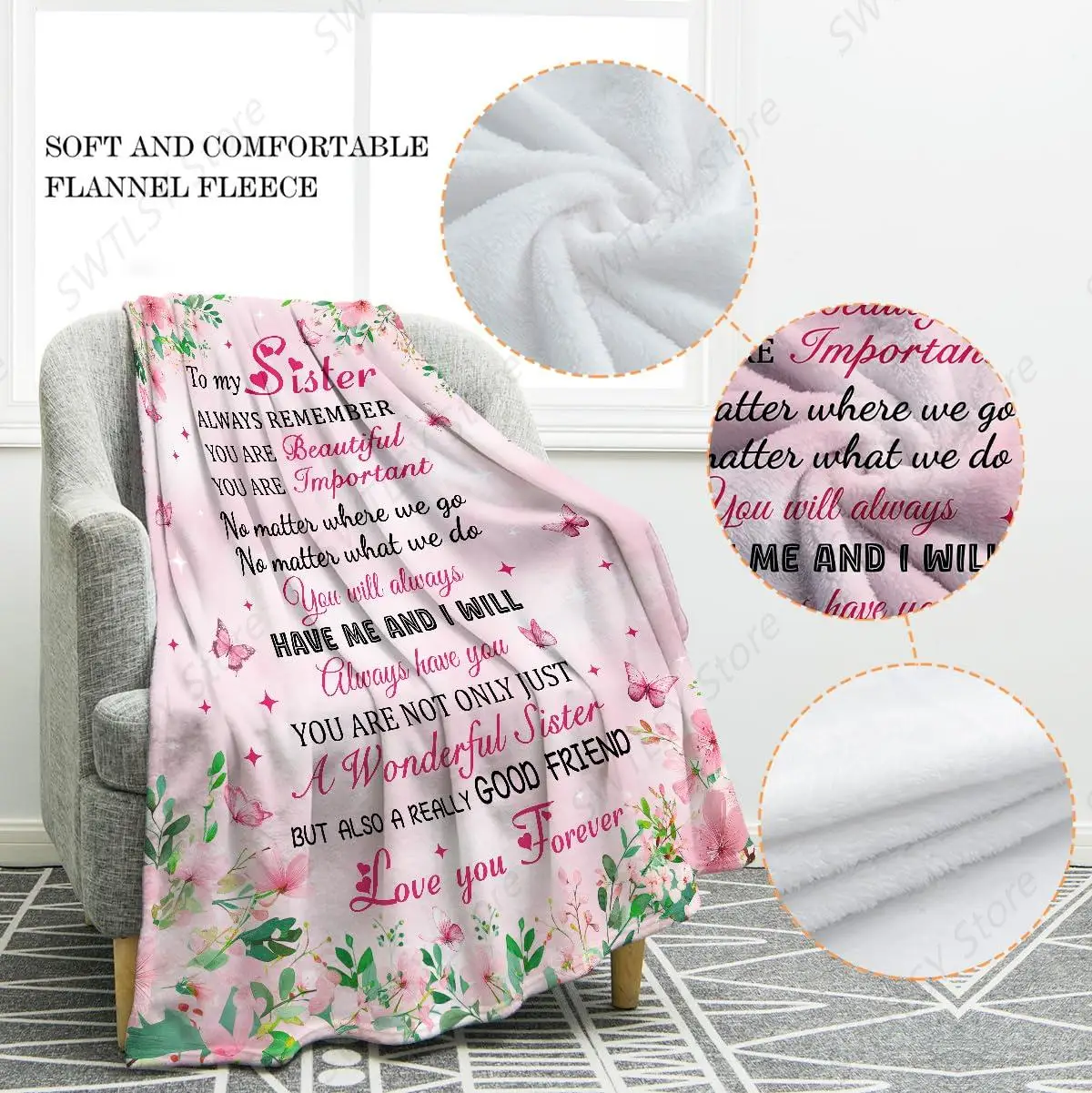 Sisters Gifts Pink Flowers Floral Blanket Birthday Christmas Halloween Presents for Women Kids Girls Mom Wife Home Bedroom