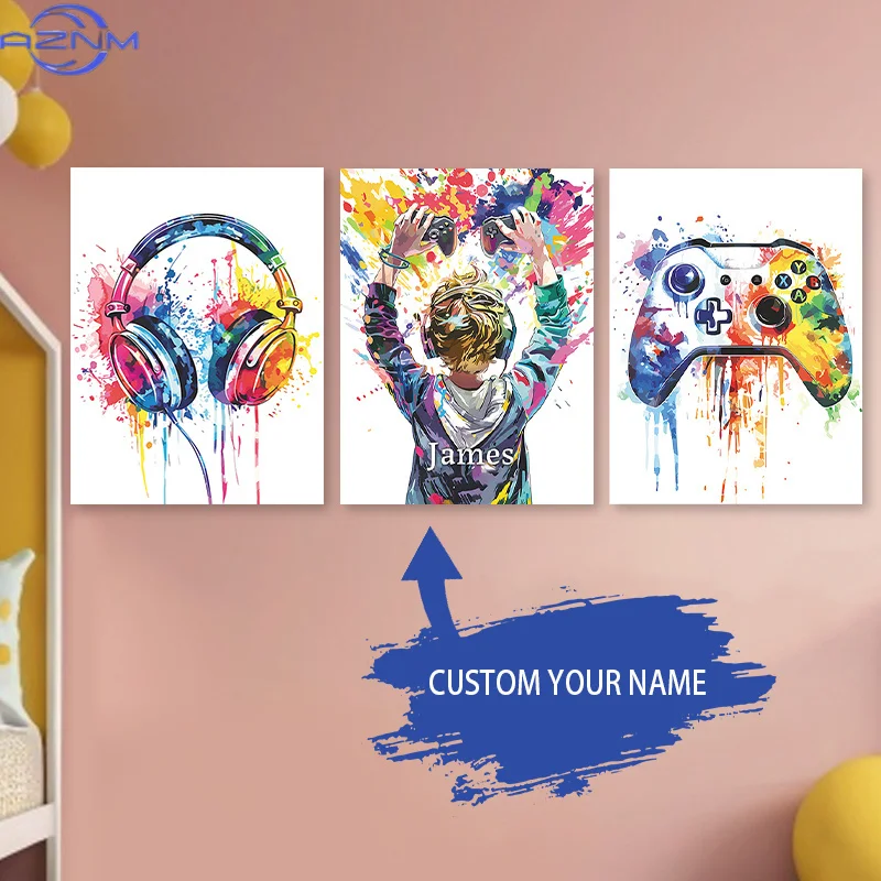 Custom 3pcs Name Frameless Wall Art Set- Personalized Gamer Gift Canvas Prints, Theme Posters for Nursery, Kids Boys Room, Bedro view 3