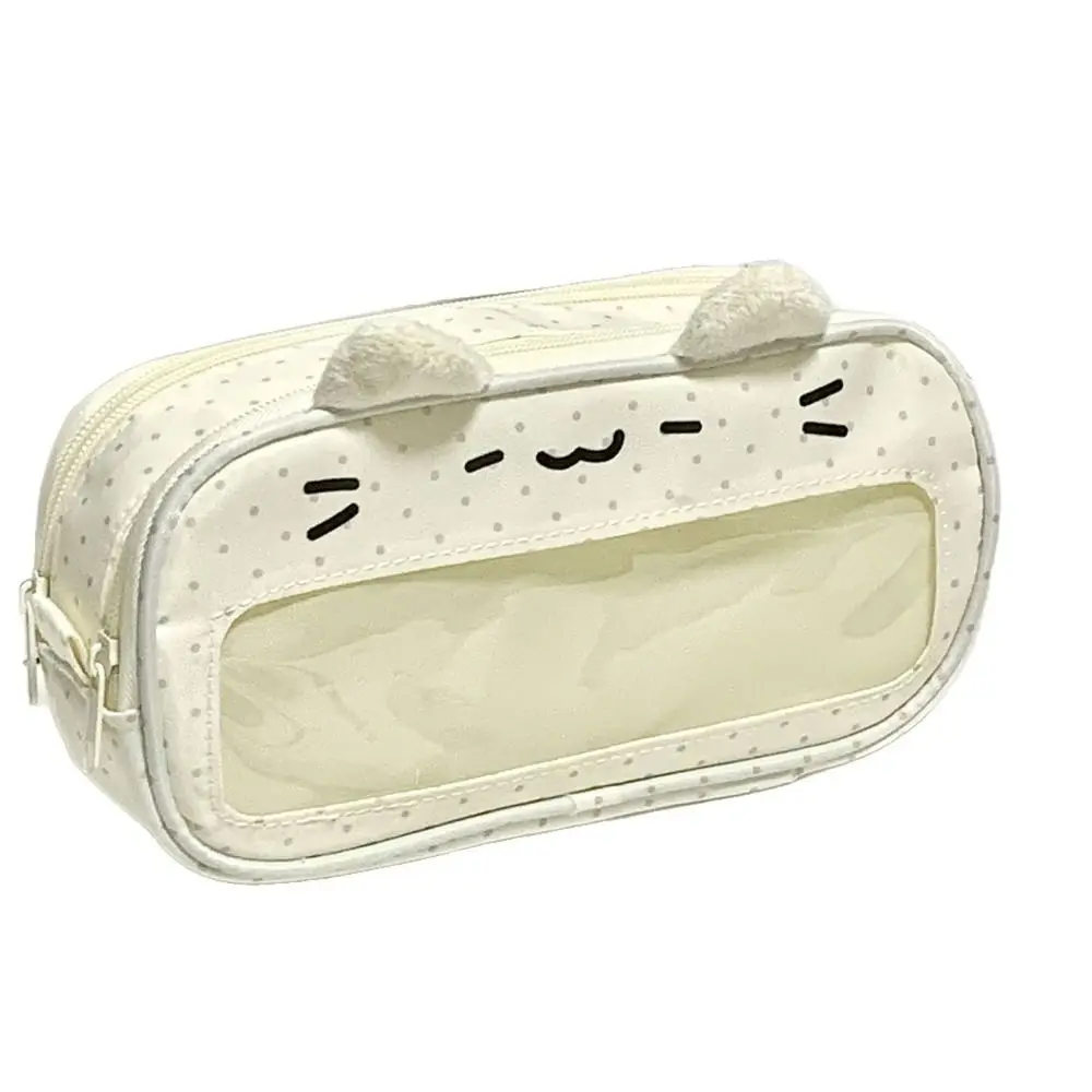 Durable With Ita Display Window Pencil Case Cat Patterns Double Layers Pen Bag Large Capacity Portable Stationery Bag Students