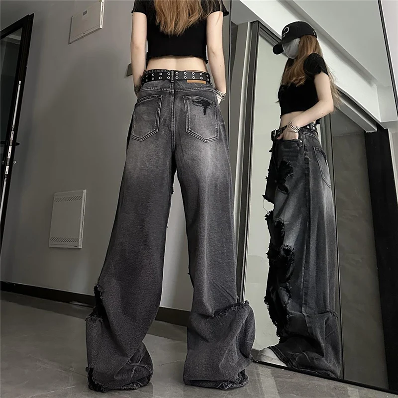 아메리칸 하이 스트리트 찢어진 청바지 바지 여성 세련된 Y2K 여름 블랙 와이드 레그 바지 여성 캐주얼 루즈 낙하산 바지 Mujer