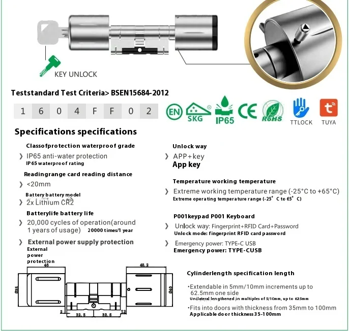 Waterproof IP65 Key  Euro Smart Cylinder Lock Ttlock Add Keypad Password Code Smart Door Lock