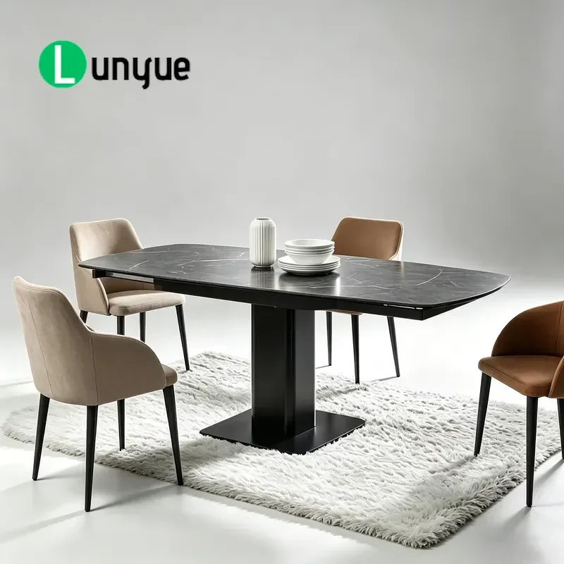 Modern Luxury Retractable Sintered Stone Dining Table Set with Linen Chairs Space Saving Extendable for 4 or 6 People Home