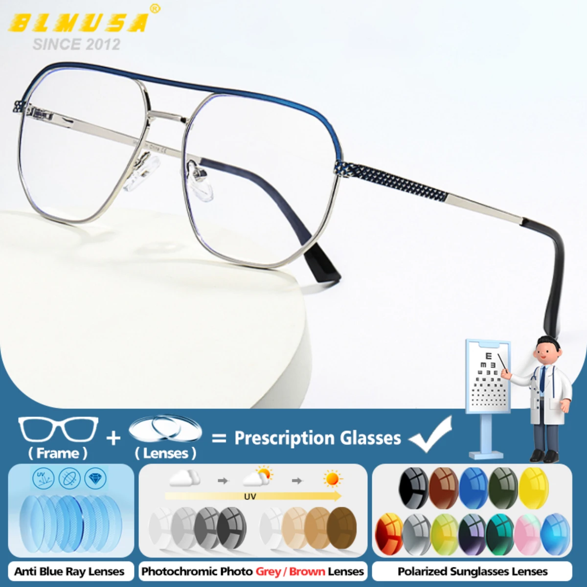 

BLMUSA Retro Myopia Prescription Glasses for Men Blue Light Blocking Progressive Lens Aviator Style Polarized Driving Sunglasses