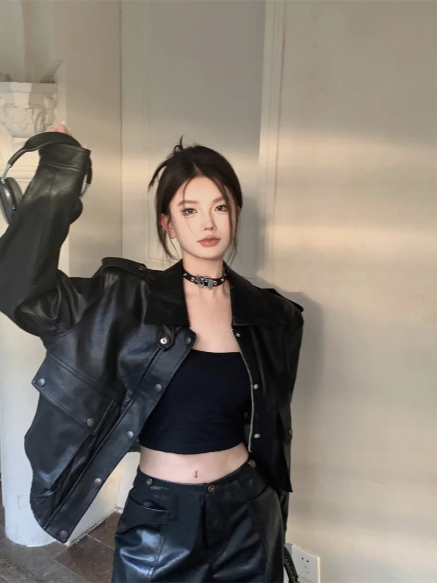 Doux Cool épicé fille Sle Long Sve PU cuir Jaet femmes printemps automne Personali moto Jaet haut