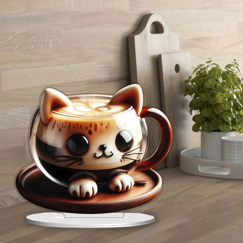 

Cross-Border Hot-Selling New Cat Coffee Cup Acrylic Ornament for Living Room Desktop Desk Counter Decoration Holiday Gift