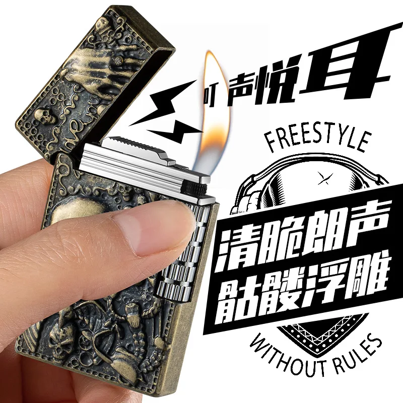 

Langsheng Steel Tone Sanding Wheel Side Sliding Skull Double-Sided Punk Open Flame Gas Metal Lighter Men's Gift