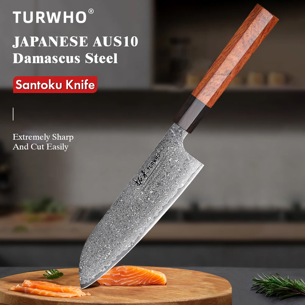 TURWHO 7 "nóż Santoku ze stali damasceńskiej noże szefa kuchni ostre ręcznie robione ostrze narzędzia kuchenne klasyczny japoński ośmiokątny uchwyt