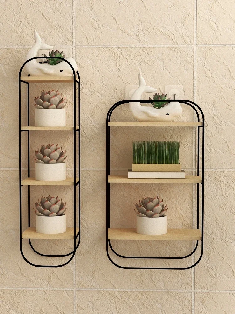 

Wall-mounted wall, glass succulent flower stand, solid wood living room, bay window, balcony, non-perforated, wrought iron shelf