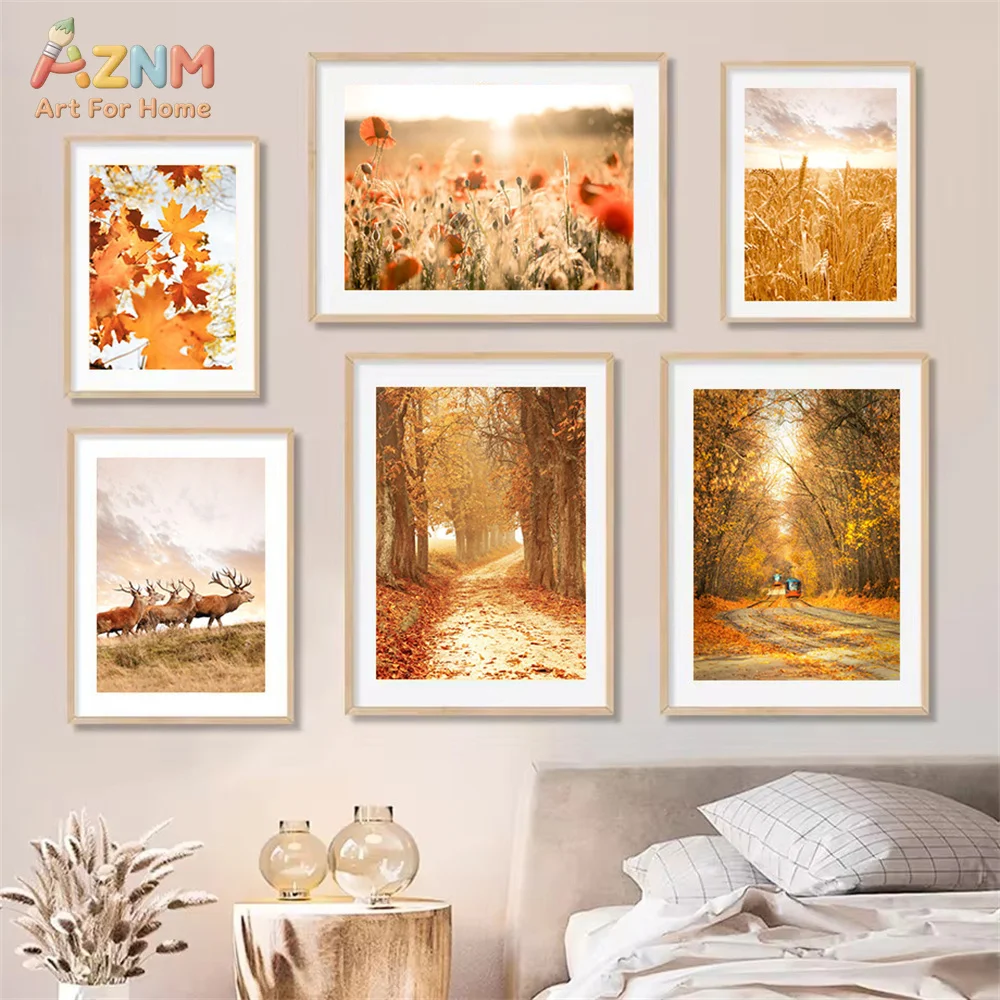 AZNM Autumn Maple Leaf Forest Tram Owl Poppy Wheat Field Landscape Canvas Painting Farmhouse Frameless Wall Art Poster For Home
