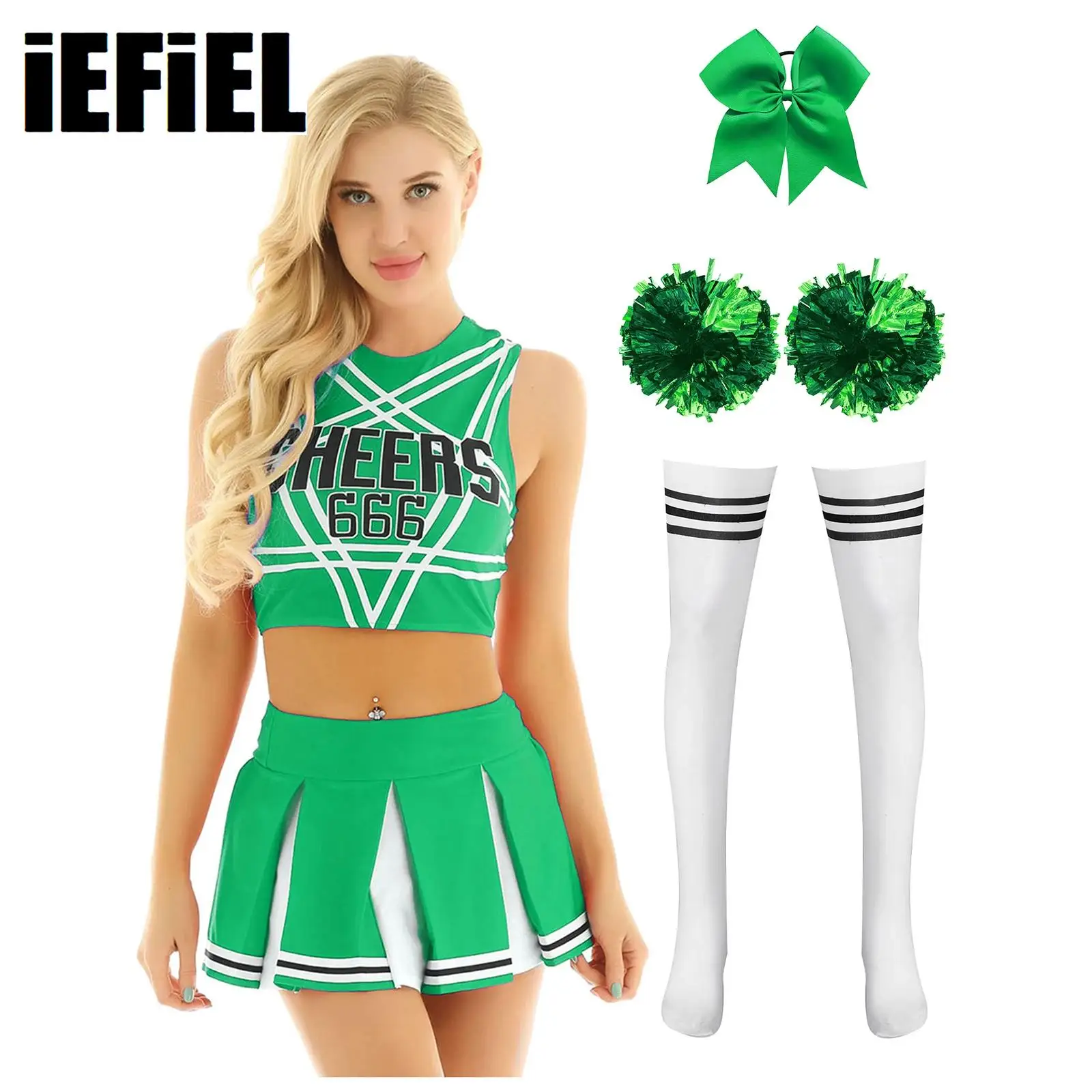 Women Charming Cheerleading Set Strappy Back Crop Top with Mini Pleated Skirt And Hair Tie Headband Flower Balls Stockings