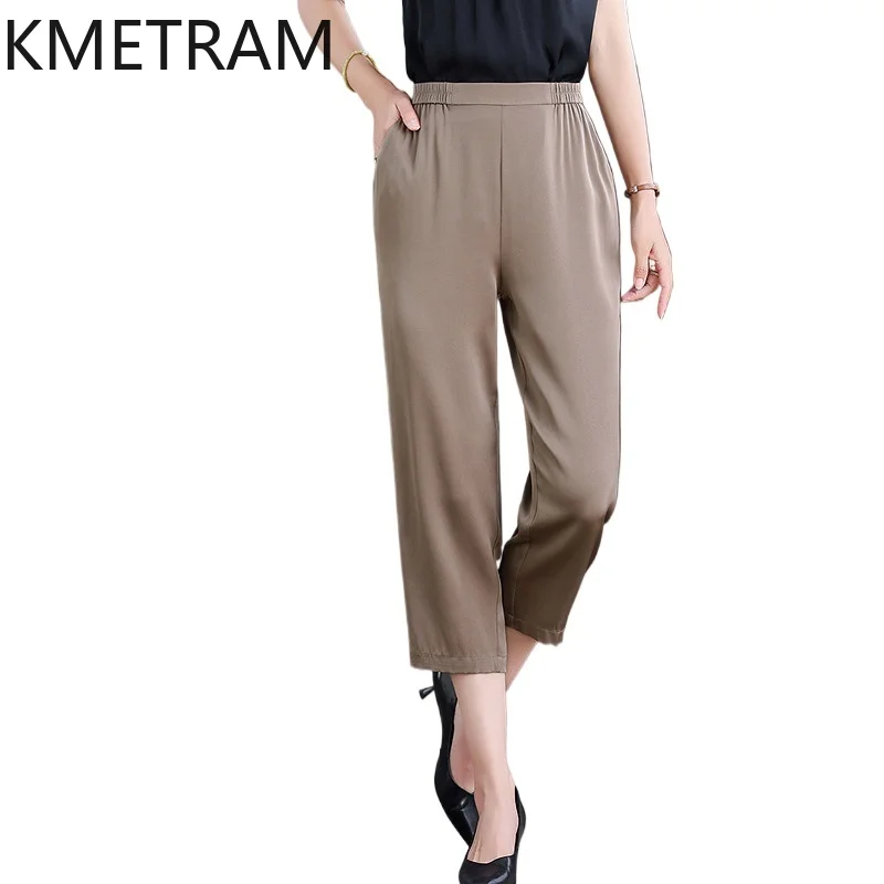 KMETRAM 91% Real Mulberry Silk Trousers Women 2026 Summer Slimming Casual Calf-length Pencil Pants Female Clothing Ropa De Mujer
