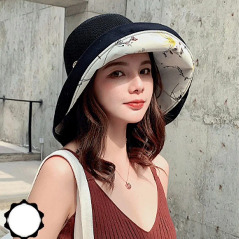 Summer Mesh Sun Hats For Women Wide-Brim Beach Bucket Caps Foldable Sun Protection Bucket Hat With Chin Strap