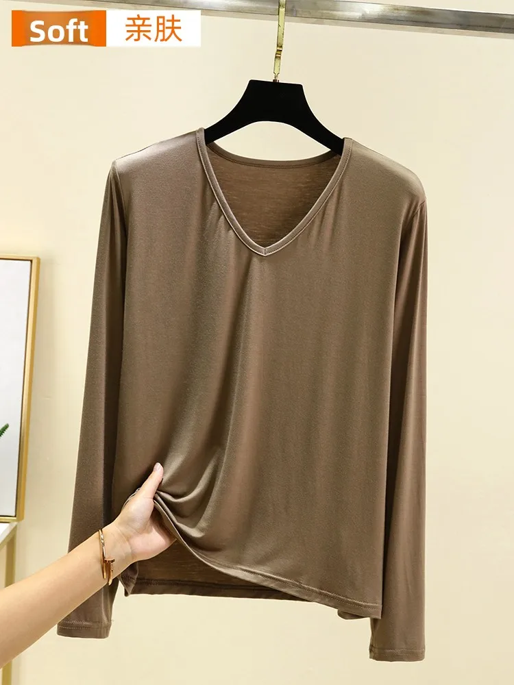 Modal longo sve camiseta feminina fina casual v-ne topo plus size emagrecimento base simples irt para o outono uso diário