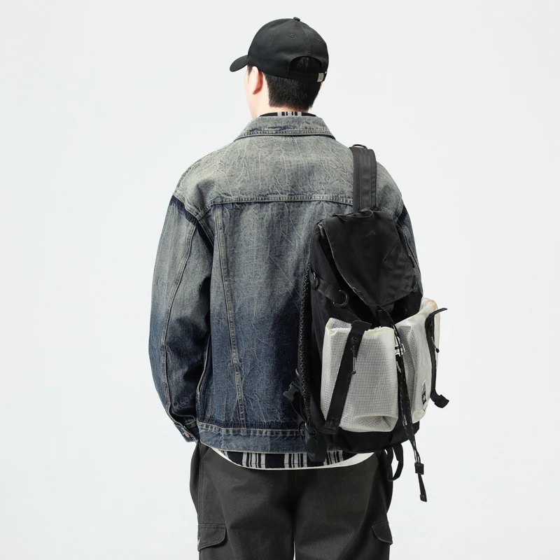 2025 خريف جديد وصول الأمريكية خمر غسلها الدنيم سترة-الرجال استرخاء صالح ريترو الأزرق عادية كم طويل معطف حجم كبير 4XL