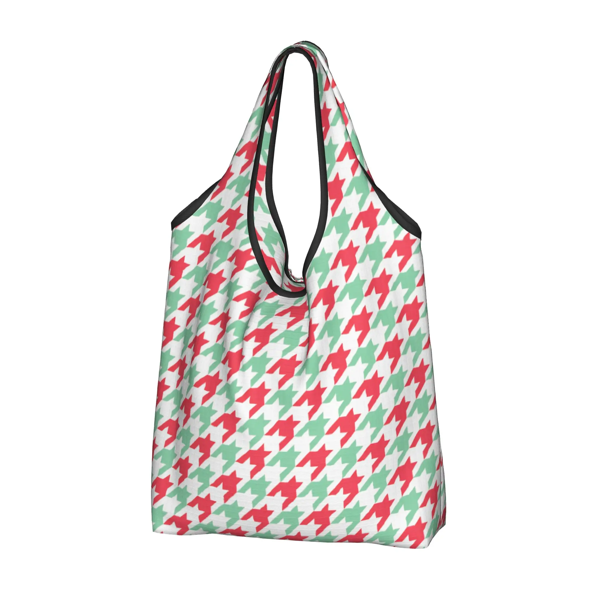 Recycling Christmas Mint Houndstooth  Shopping Bag Women Tote Bag Portable Dogstooth Geometric  Grocery Shopper Bags