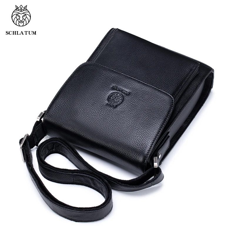 SCHLATUM Men's Genuine Leather Pebbled Leather Vertical Square Flap Crossbody Bag Multi-Pocket Shoulder Bag for Men
