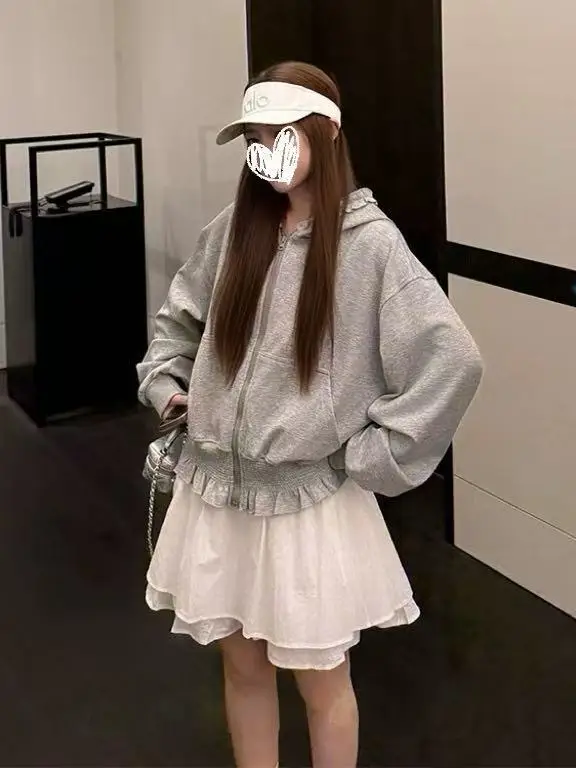 سترة نسائية ذات قلنسوة وسحاب باللون الوردي بتصميم Faion مع أربطة الخصر وأسفل طويلة Sve مريحة تناسب الكورية