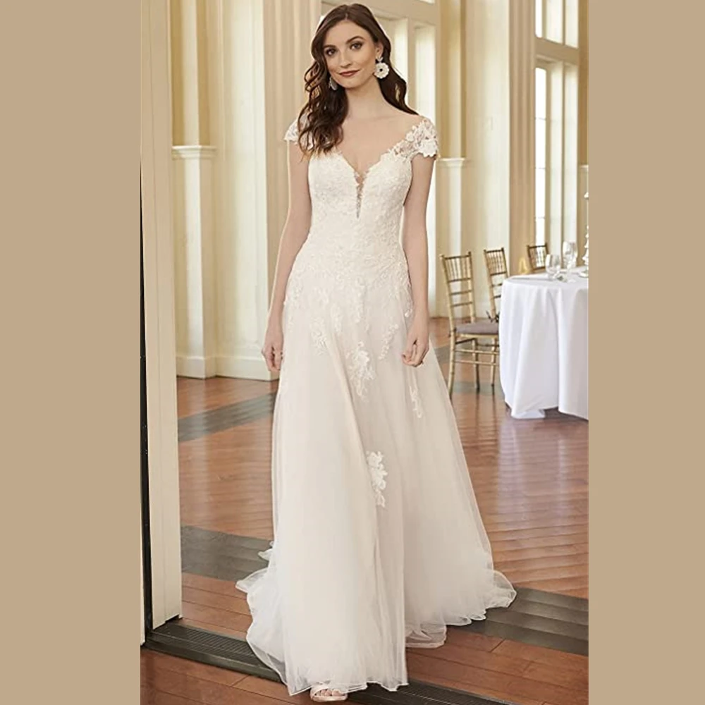 Elegante boné manga vestido de casamento a linha vestidos de noiva sem costas rendas apliques vestidos de noiva trem varredura vestidos de novia 2022