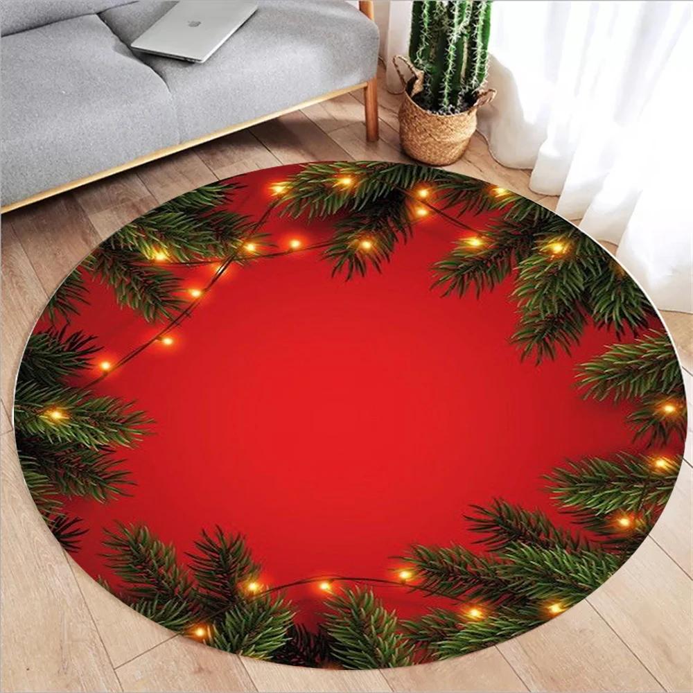 Round Christmas Tree Print Rug – Soft Holiday Decor for Living Room Bedroom Festive Gold Accents