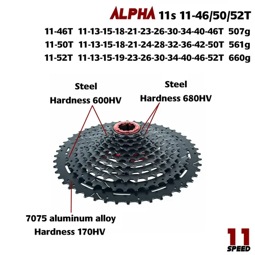 Imagen 2 del producto ZRACE Alpha 11 s Cassette ligero de 11 velocidades para bicicleta de montaña, rueda libre, 11-46T/50T/52T, negro