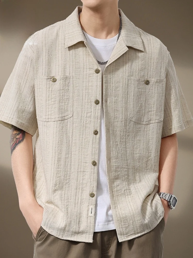

Linen ort Sve irt Men's 2026 Summer New American Retro Embroidery Cuban Collar irt Casual Loose Fit Youth Po...