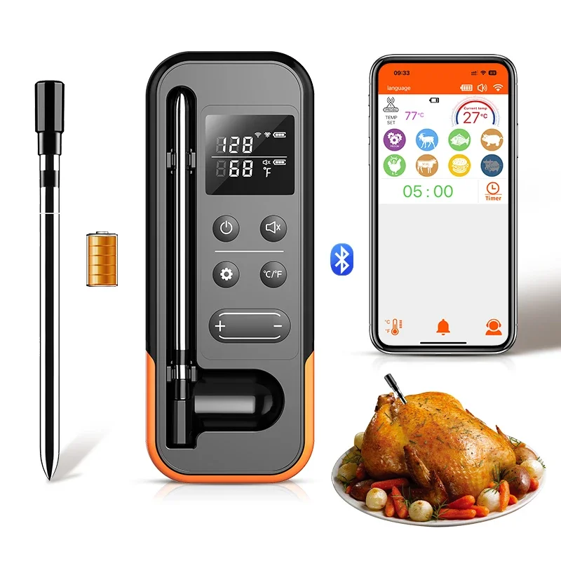 

Wireless Meat Thermometer with Digital Meat Probe, Host Control for Barbecue, Outdoor Grilling, Oven & Smoker (Black)