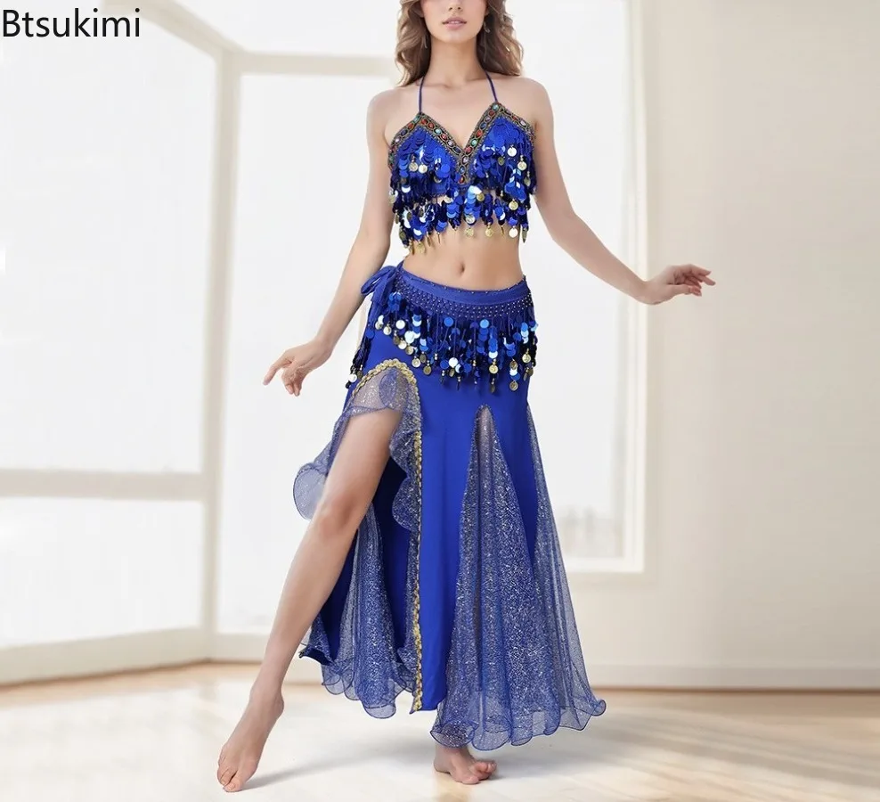 Ensemble de 3 pièces de danse du ventre pour femmes, haut + jupe + chaîne de taille, Costume de spectacle sur scène de danse du ventre pour adultes, Style Tribal exotique