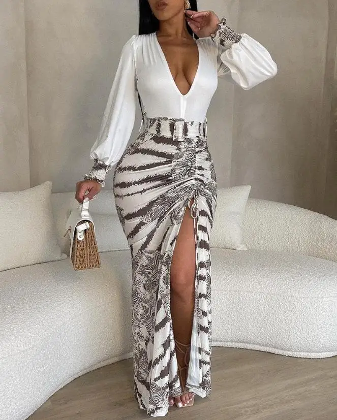 

Elegant Sexy for Women 2024 Spring Summer Slit Long Dresses Long Sleeve Tie Dye Print Plunge High Slit Drawstring Maxi Dress