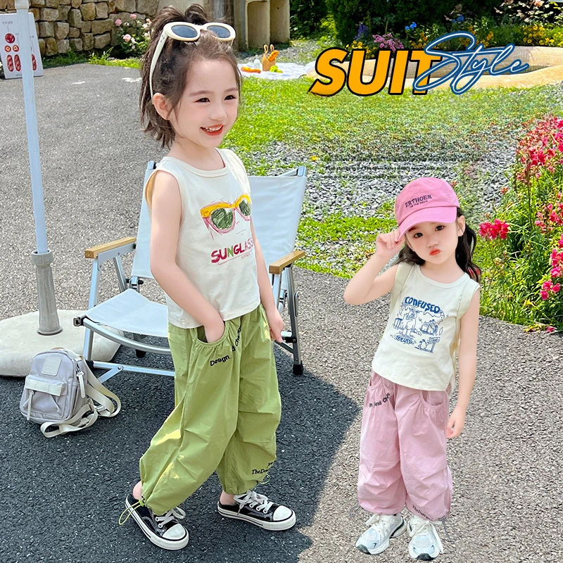 

Girls' Sports Vest Set Summer New Sleeveless Printed Vest + Loose Pants 2pcs طقم ملابس Girl Clothes Send Hairpin A Pair