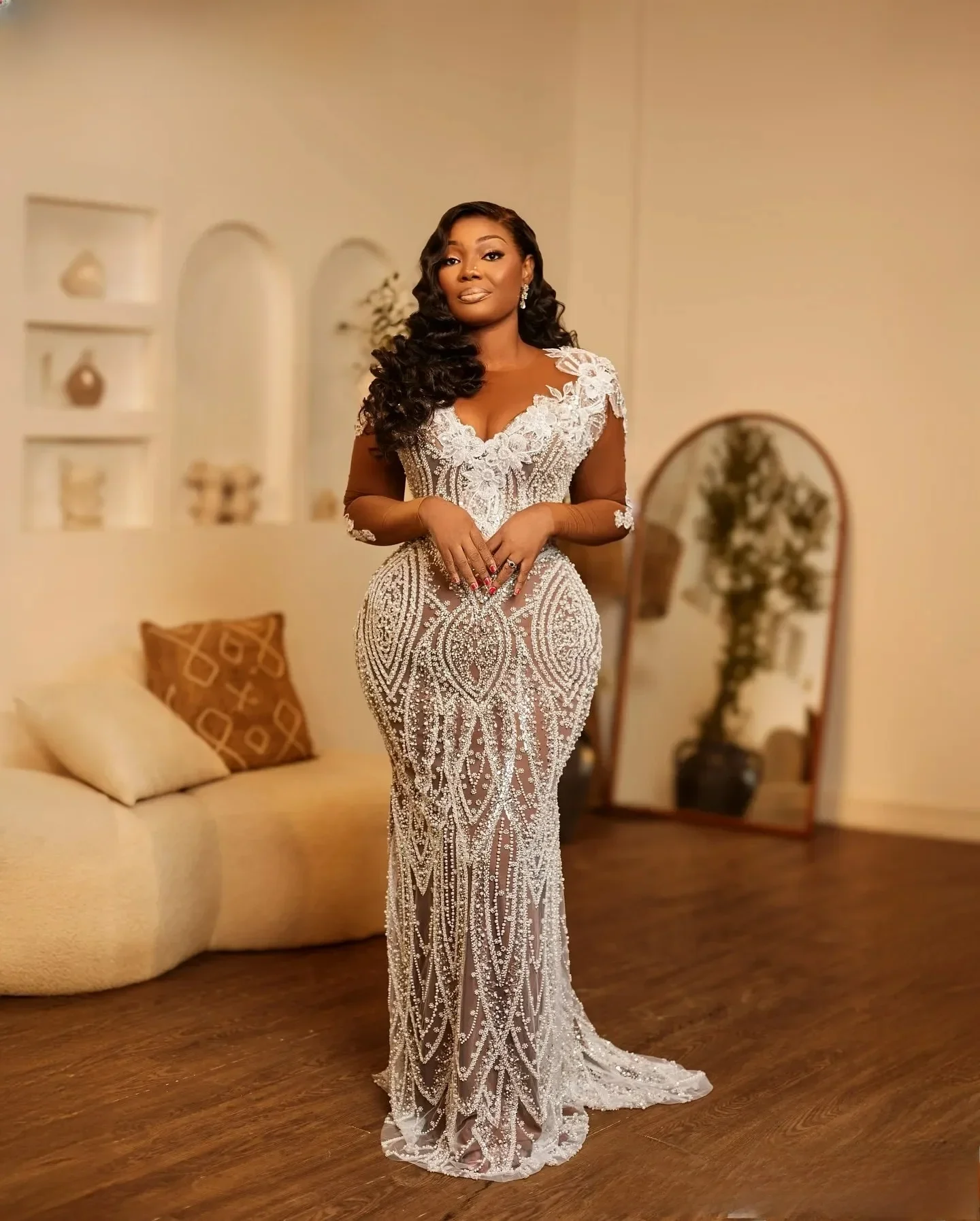 Luxury Beauty Lace Bead 3D Flower African Women's Sexy V-Neck Transparent Long Sleeves Bridal Gown Vestido De Noiva Customized