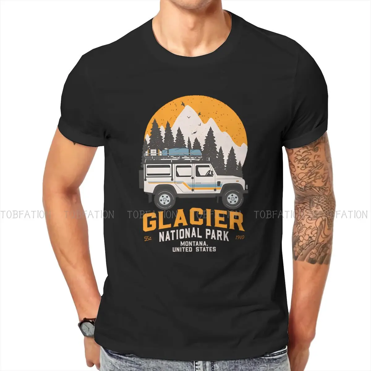 Vintage Glacier National Park Road Trip Montana Newest TShirts Camping Male Style Pure Cotton Streetwear T Shirt Round Neck