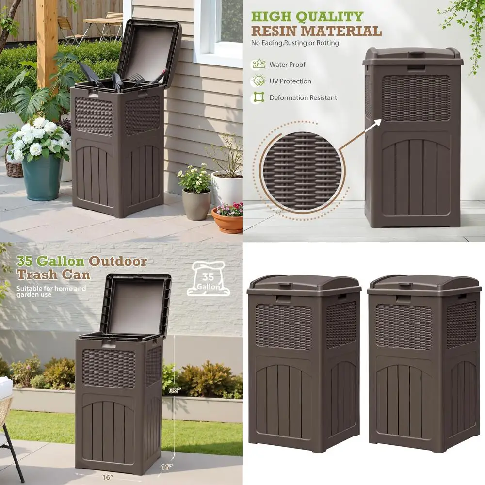 

Set of 2 Weatherproof 35-Gallon Outdoor Trash Cans with Lids for Garden, Patio, and Backyard Use in Deep Brown