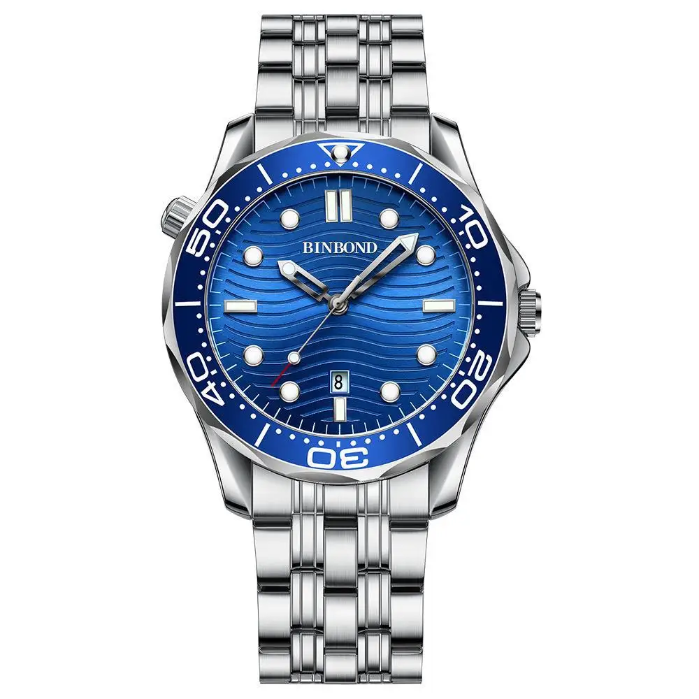 BINBOND Wave of Sea Luxury Quartz Watches For Men Luminous Waterproof Men's Watch Reloj Hombre Luxus Uhren Orginal Marke