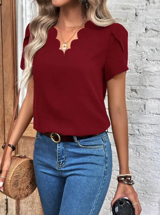 ผู้หญิงฤดูร้อนสบายๆครึ่งรอบคอออกแบบเสื้อแขนสั้นแฟชั่นอเนกประสงค์ Simple Petal Sleeve เสื้อ