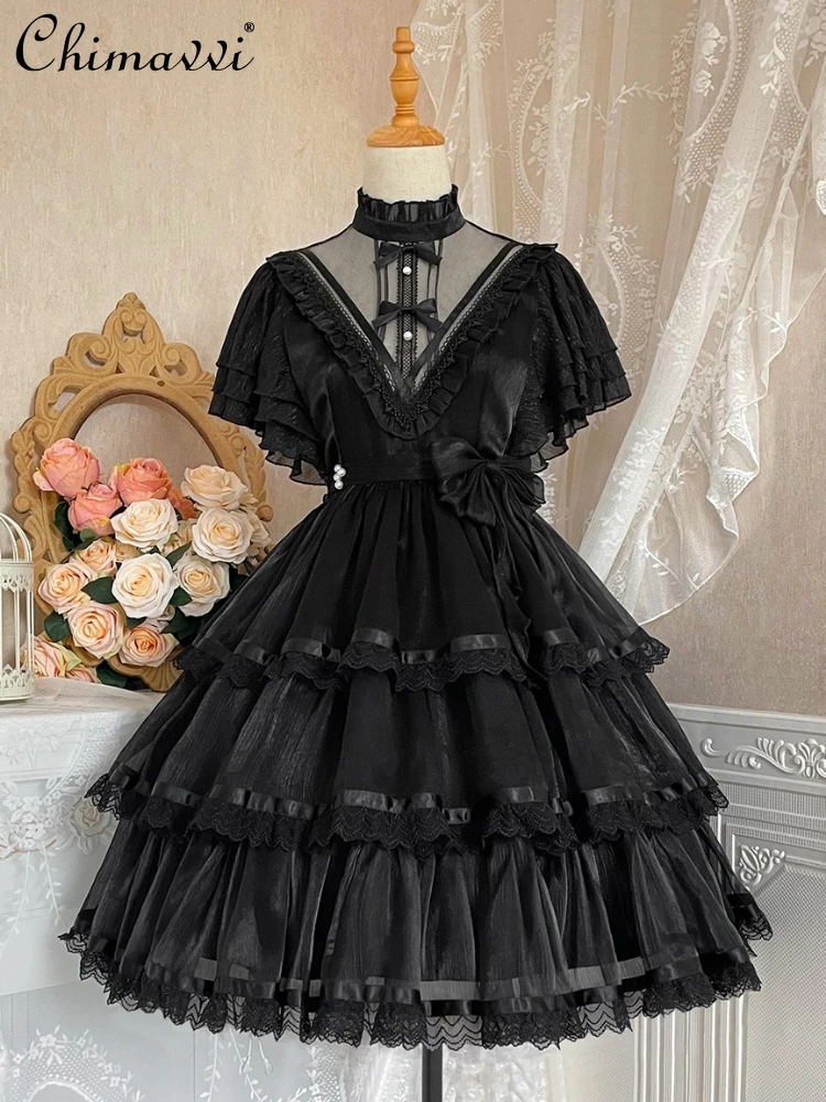 

Sweet Cute Lolita Dress Women's Lace Mesh Flying Short Sleeve See-through Turtleneck Bow Belt Fairy Short Lo Dress 2024 Spring