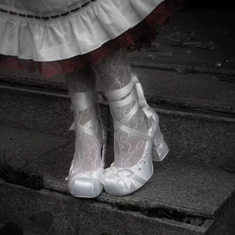 2026 New Y2K Gothic Lolita Satin Mary Jane Pumps, Square Toe Lace‑Up Bow, Block Heel, 9cm High Heel White Princess Women Shoes